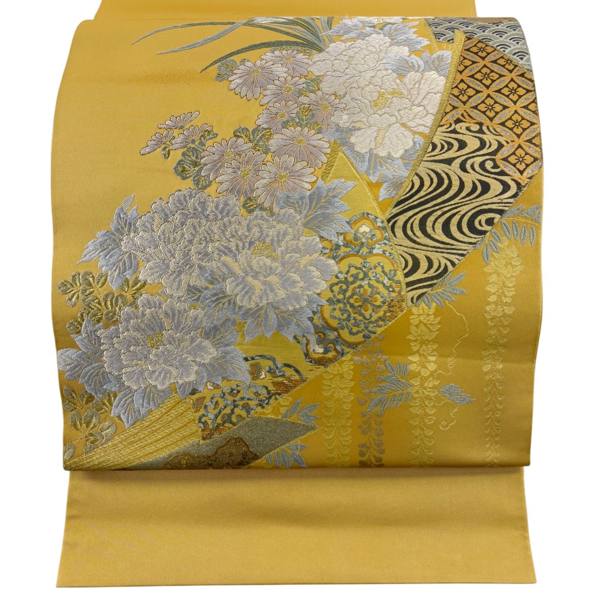 【美品】 袋帯 秀品 牡丹 中啓 金銀糸 金銀彩 からし色 お太鼓柄 正絹 【中古】