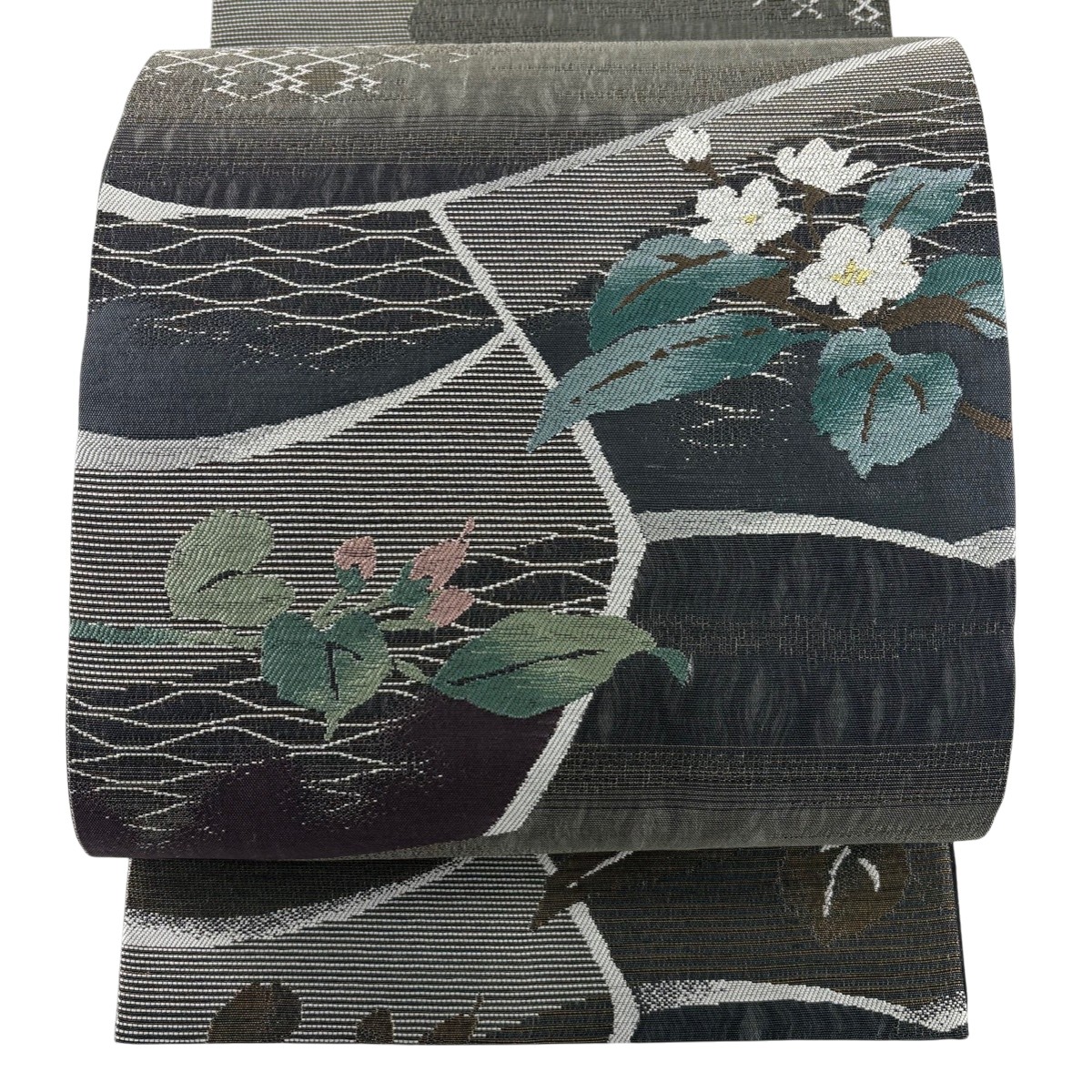 【美品】 袋帯 秀品 草花 波 箔 金糸 黒灰 お太鼓柄 正絹 【中古】