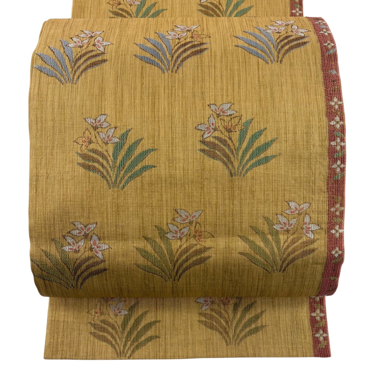【美品】 袋帯 秀品 草花 箔 黄土色 六通 正絹 【中古】