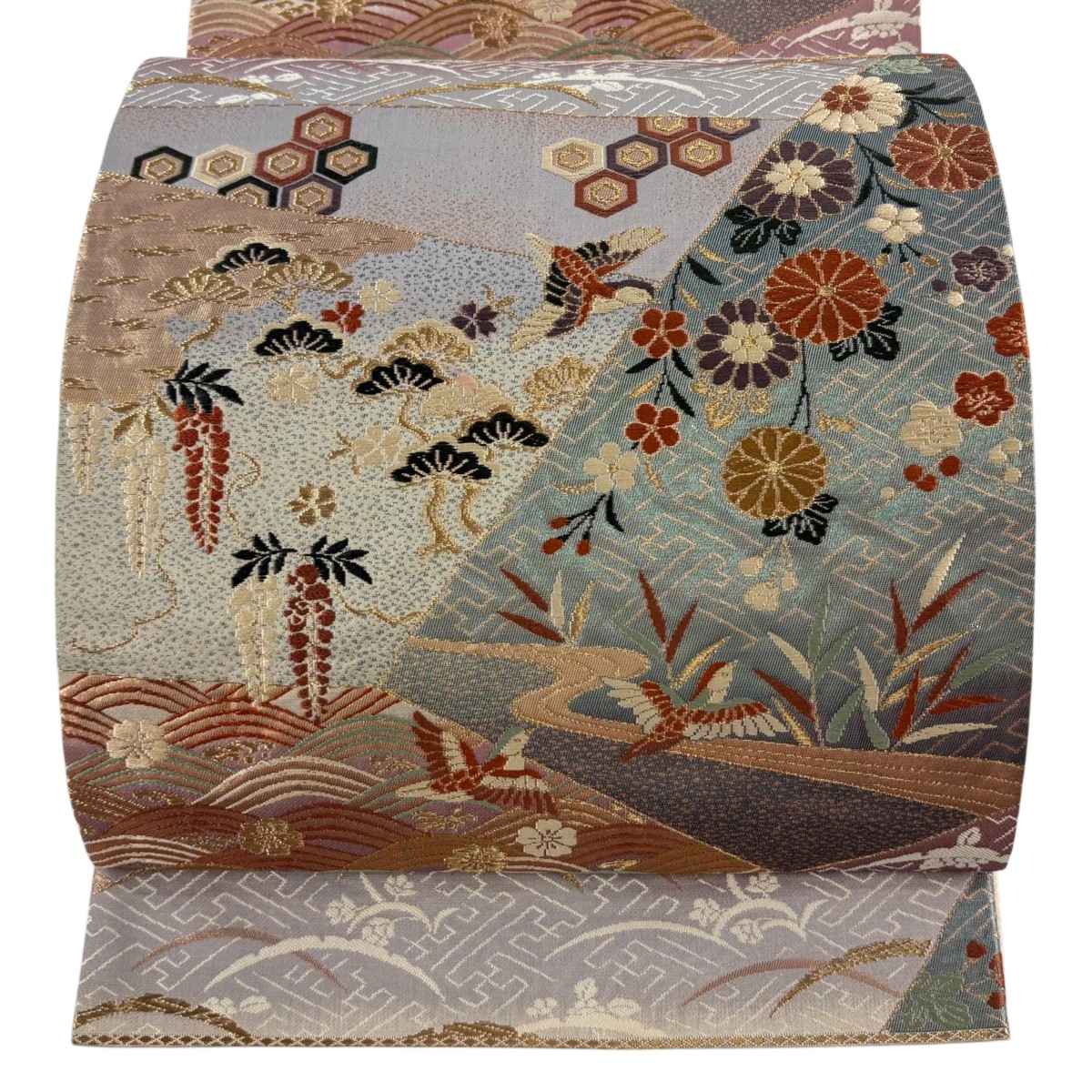 袋帯 秀品 関西仕立て 鳥 草花 刺繍 金糸 薄青緑 六通 正絹 【中古】