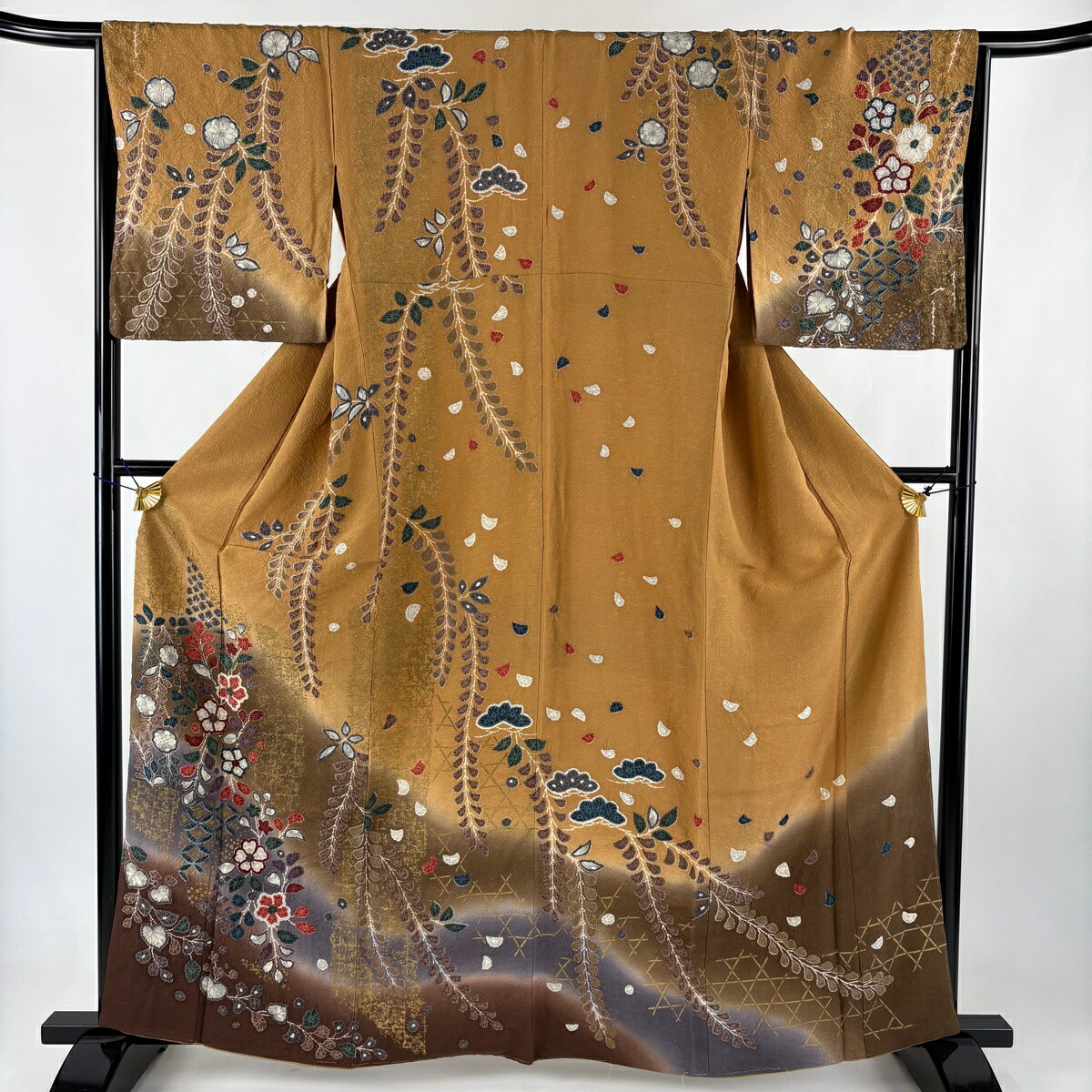 訪問着 身丈163cm 裄丈65.5cm M 袷 桜 七宝 金彩 絞り 山吹茶色 正絹 名品 【中古】 msp50