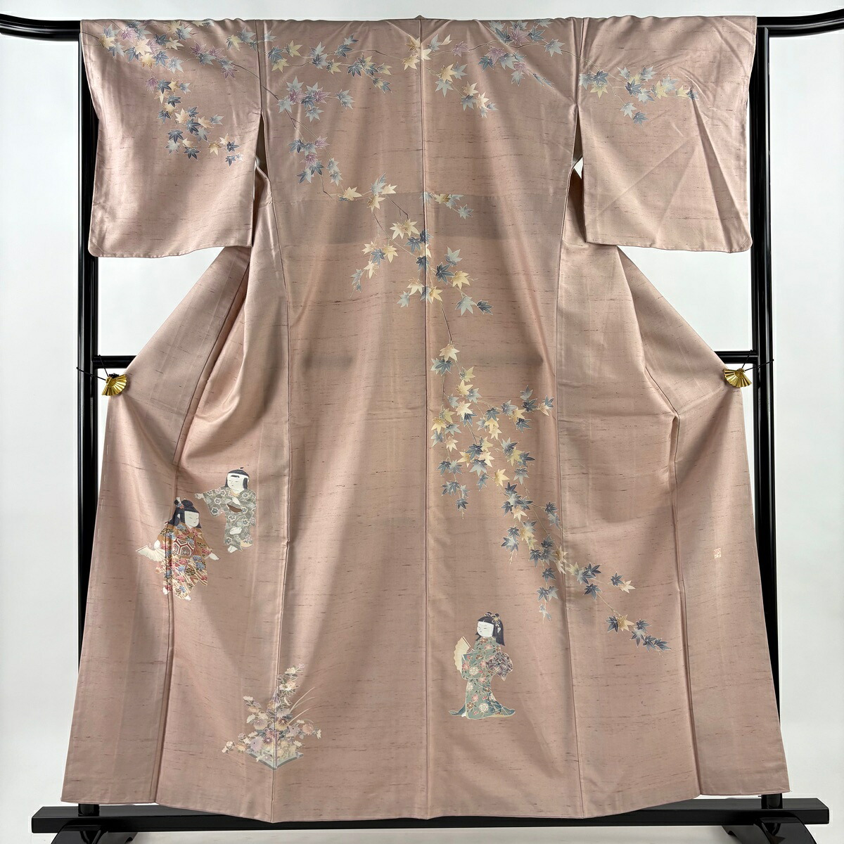 【美品】 付下げ 身丈158.5cm 裄丈65cm M 袷 紬地 落款あり 童 草花 ピンク 正絹 名品 【中古】