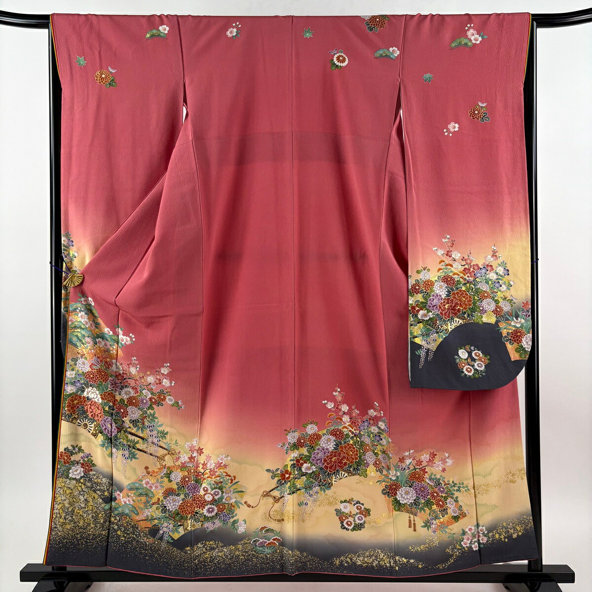 振袖 身丈158.5cm 裄丈65.5cm M 袷 花車 扇面 刺繍 金糸 ピンク 正絹 秀品 【中古】 6,864円
