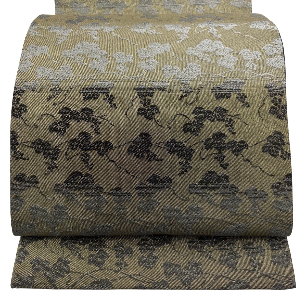 【美品】 袋帯 名品 葡萄 段縞 金糸 金茶 全通 正絹 【中古】 msp50