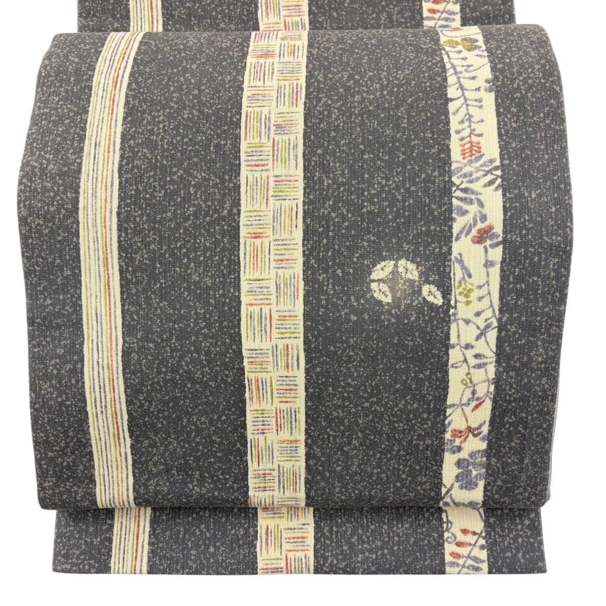 【美品】 袋帯 秀品 葉柄 縞 金彩 灰色 全通 正絹 【中古】