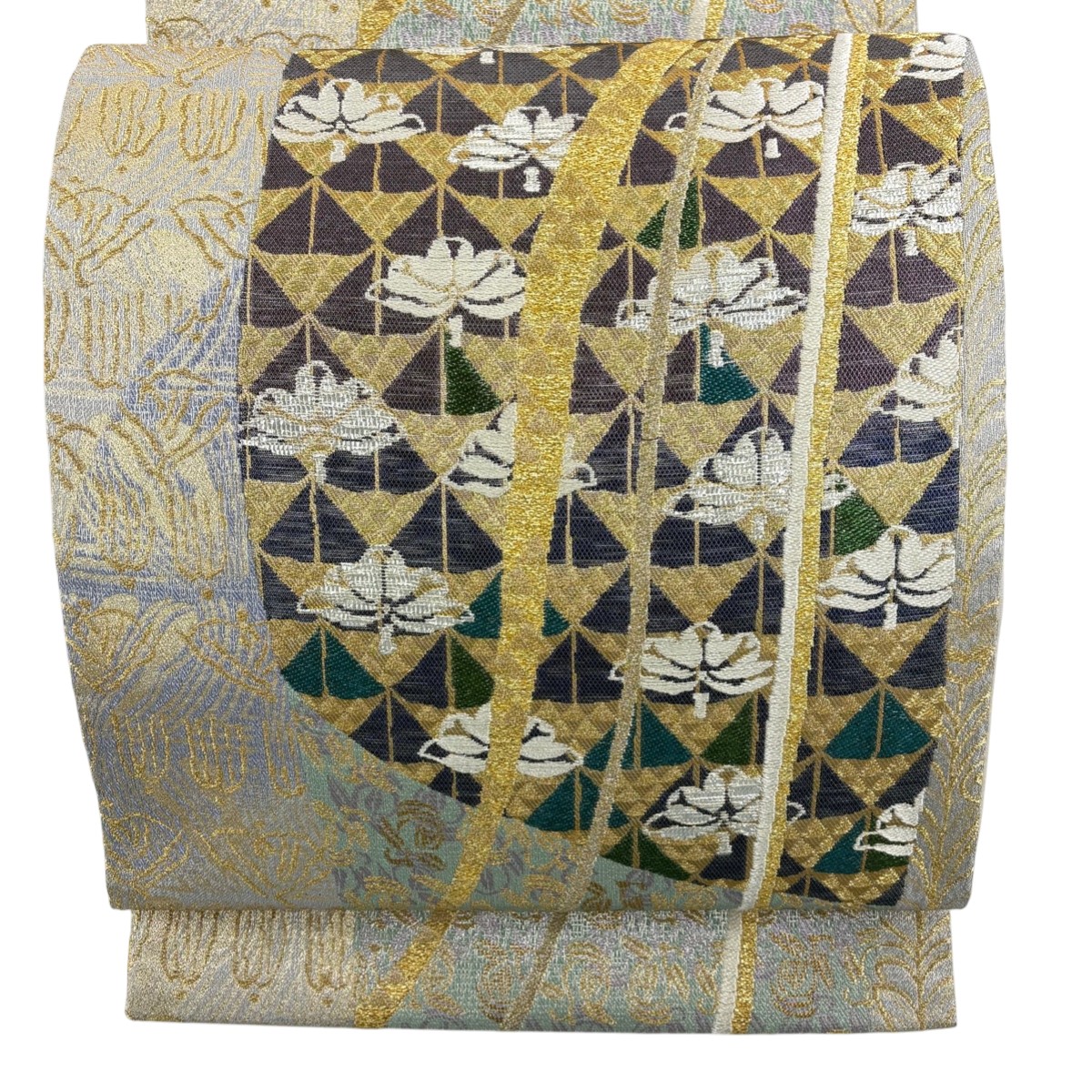 袋帯 秀品 花柄 鱗柄 金銀糸 箔 薄緑 六通 正絹 【中古】