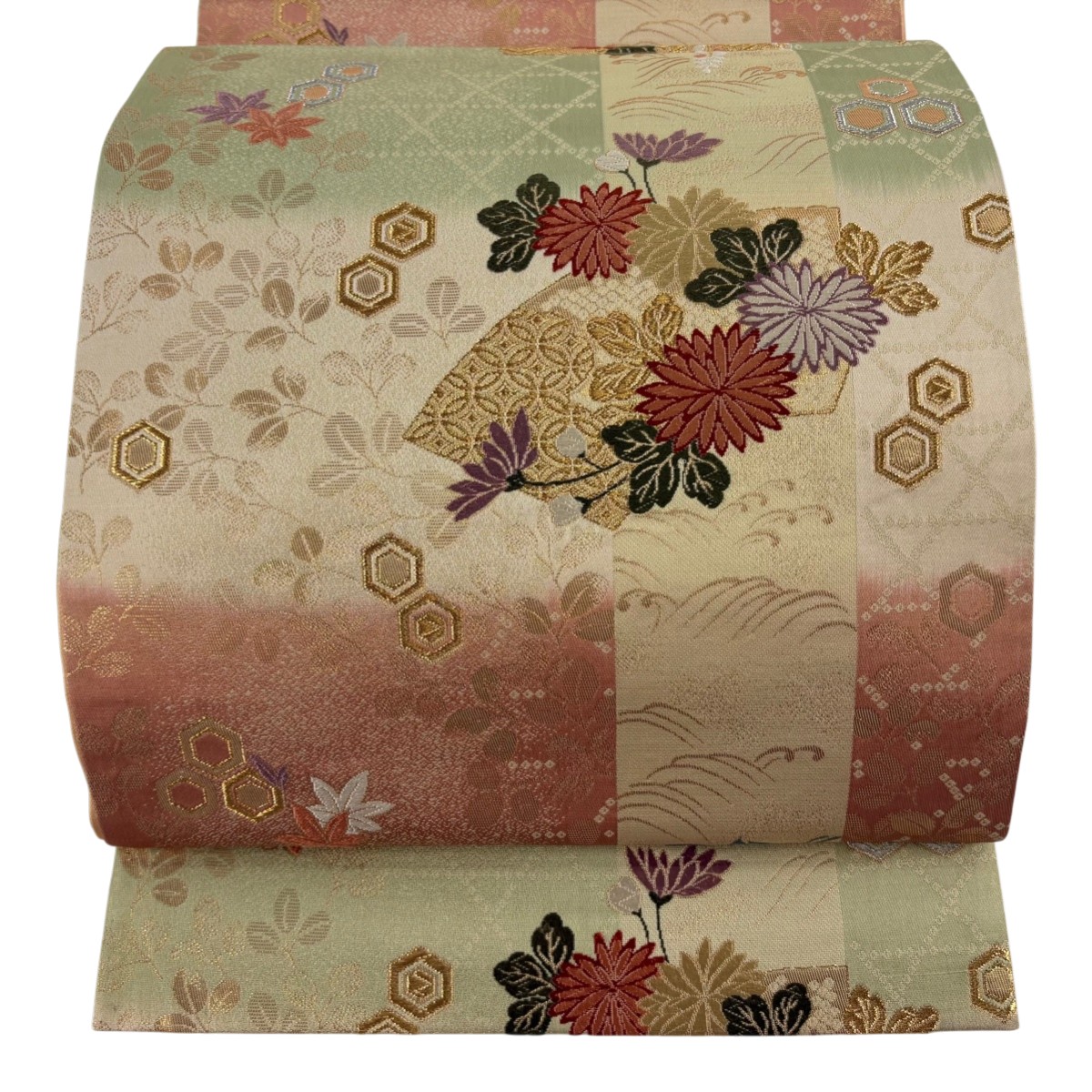 袋帯 秀品 菊 亀甲 金銀糸 箔 抹茶色 六通 正絹 【中古】