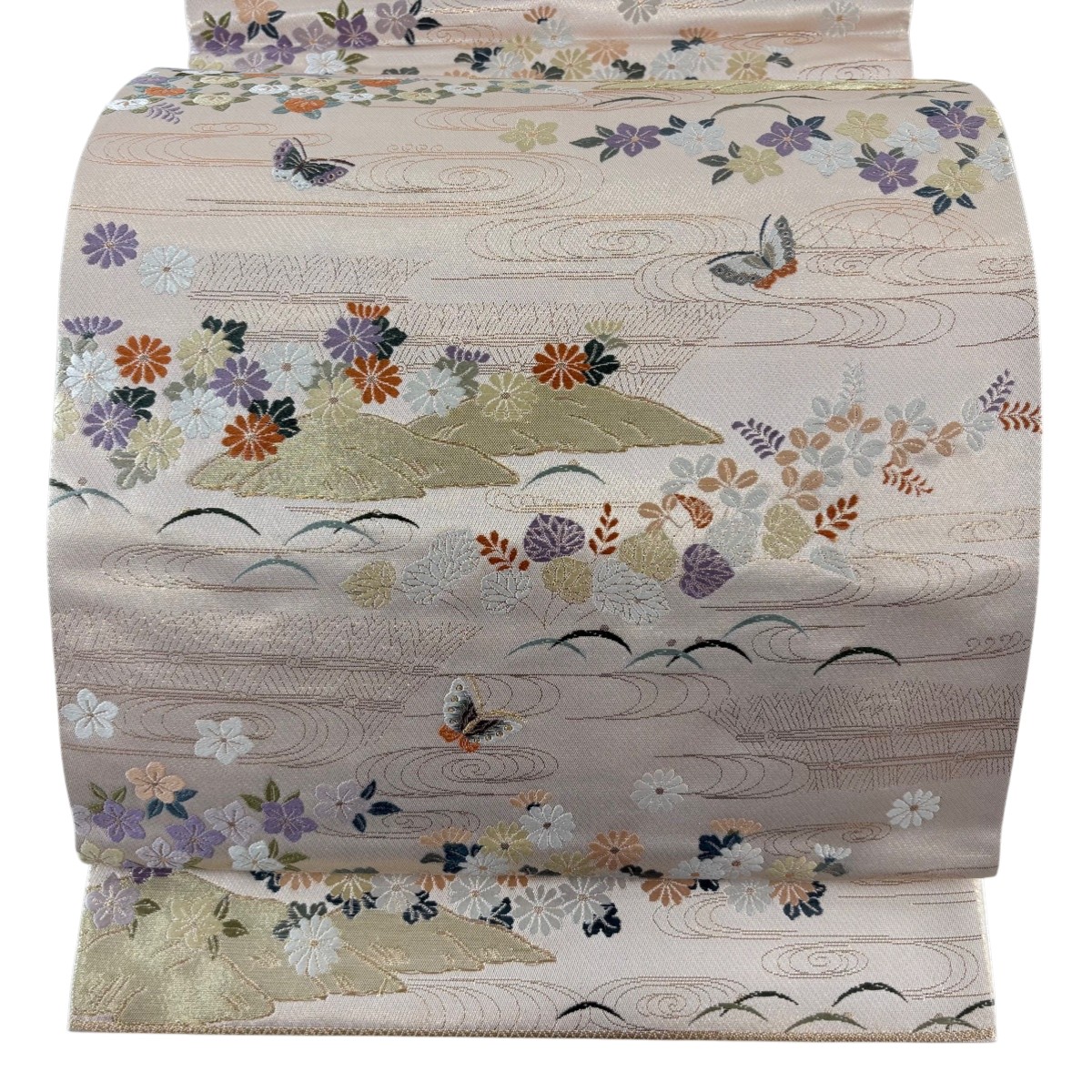 【美品】 袋帯 秀品 関西仕立て 草花 流水 箔 刺繍 ピンクベージュ 六通 正絹 【中古】