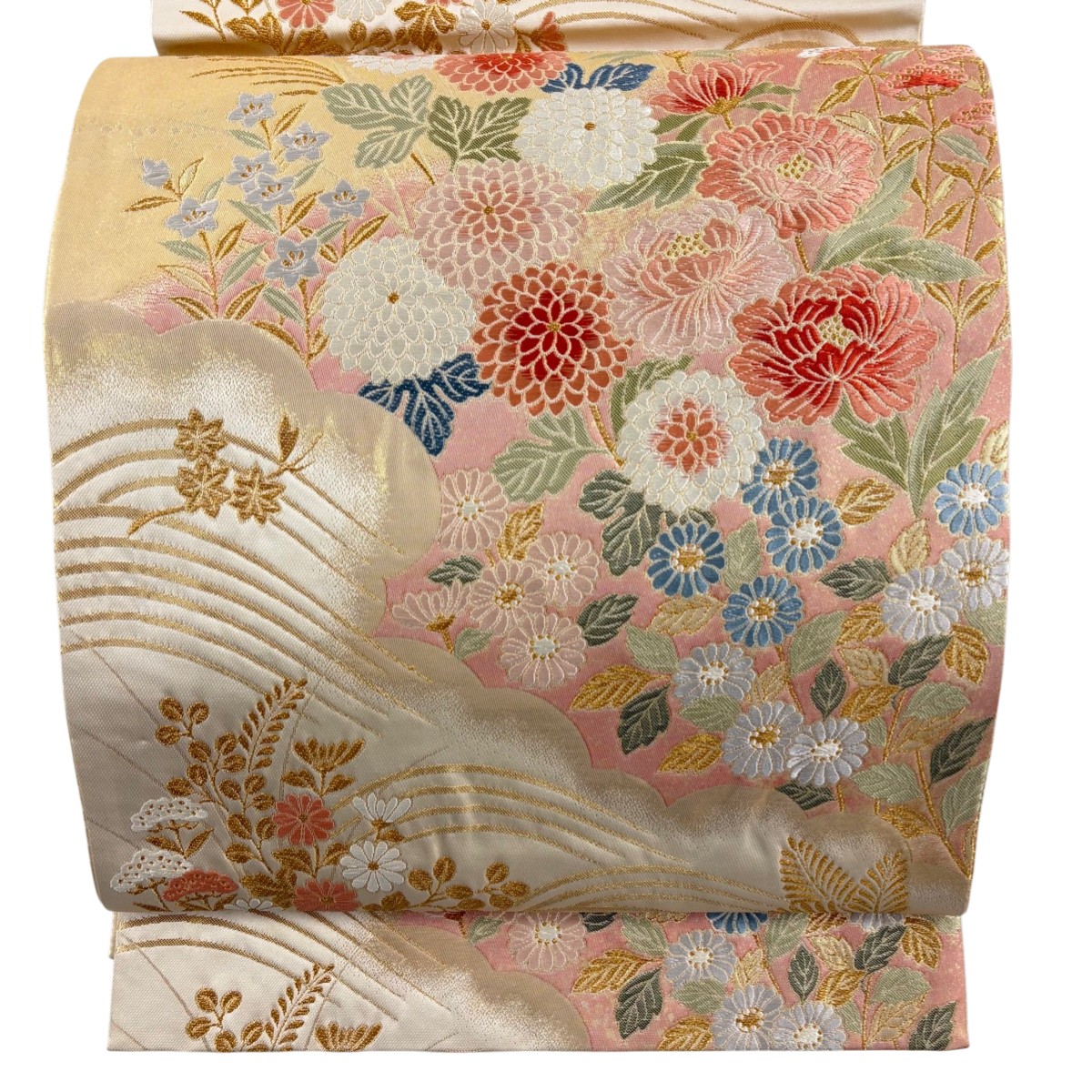 袋帯 秀品 蒔絵小花文 秋草 波 唐織 金糸 薄黄土色 六通 正絹 【中古】