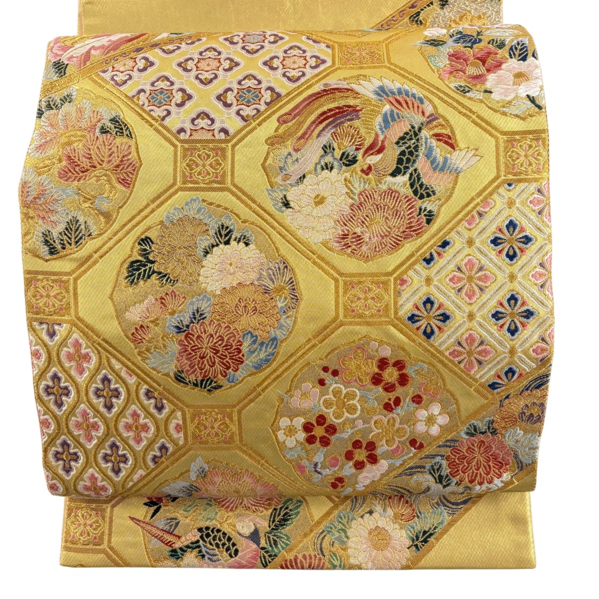 袋帯 秀品 蜀江文 花鳥 唐織 金銀糸 金色 お太鼓柄 正絹 【中古】