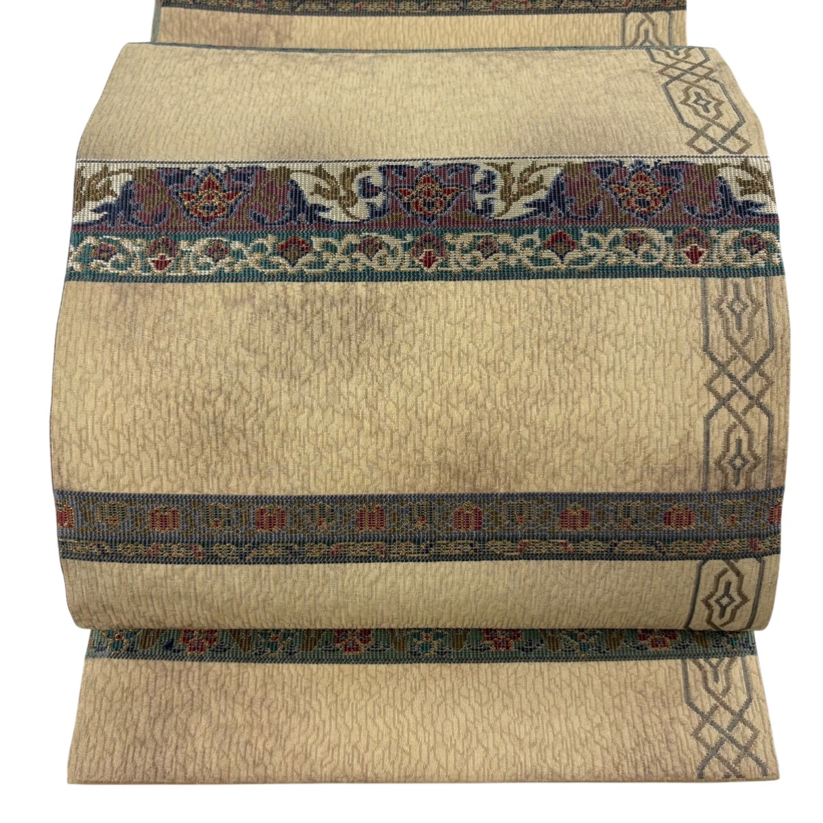 【美品】 袋帯 秀品 花唐草 縞 金糸 薄茶色 正絹 【中古】