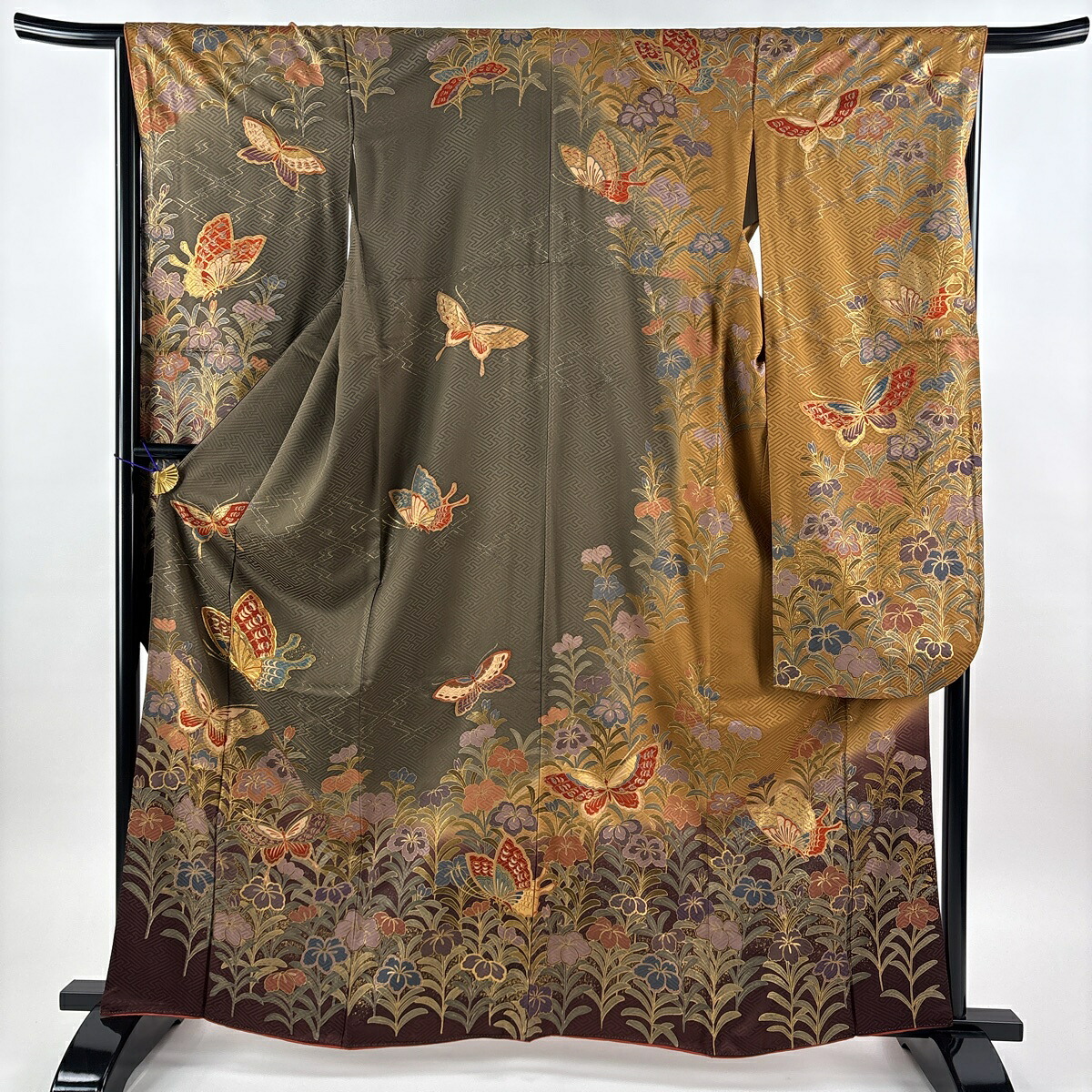 振袖 身丈163.5cm 裄丈66cm M 袷 蝶 草花 金糸 金銀彩 茶緑色 正絹 秀品 【中古】 6,160円