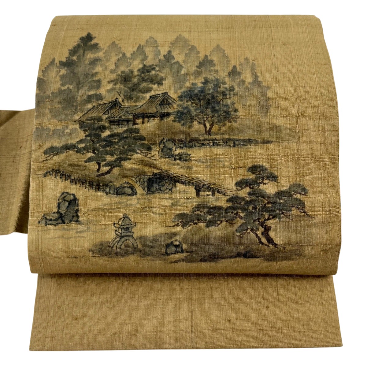 名古屋帯 名品 紬地 建物 樹木 薄茶色 正絹 【中古】 msp50