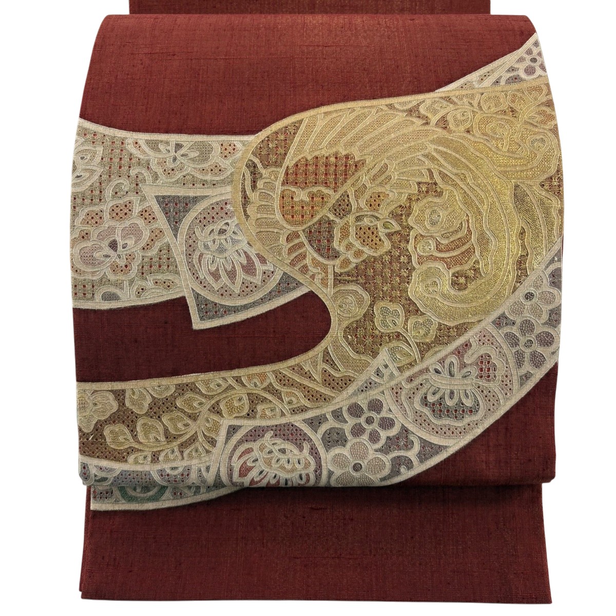 【美品】 袋帯 秀品 鳳凰 花唐草 刺繍 金銀彩 赤茶 お太鼓柄 正絹 【中古】
