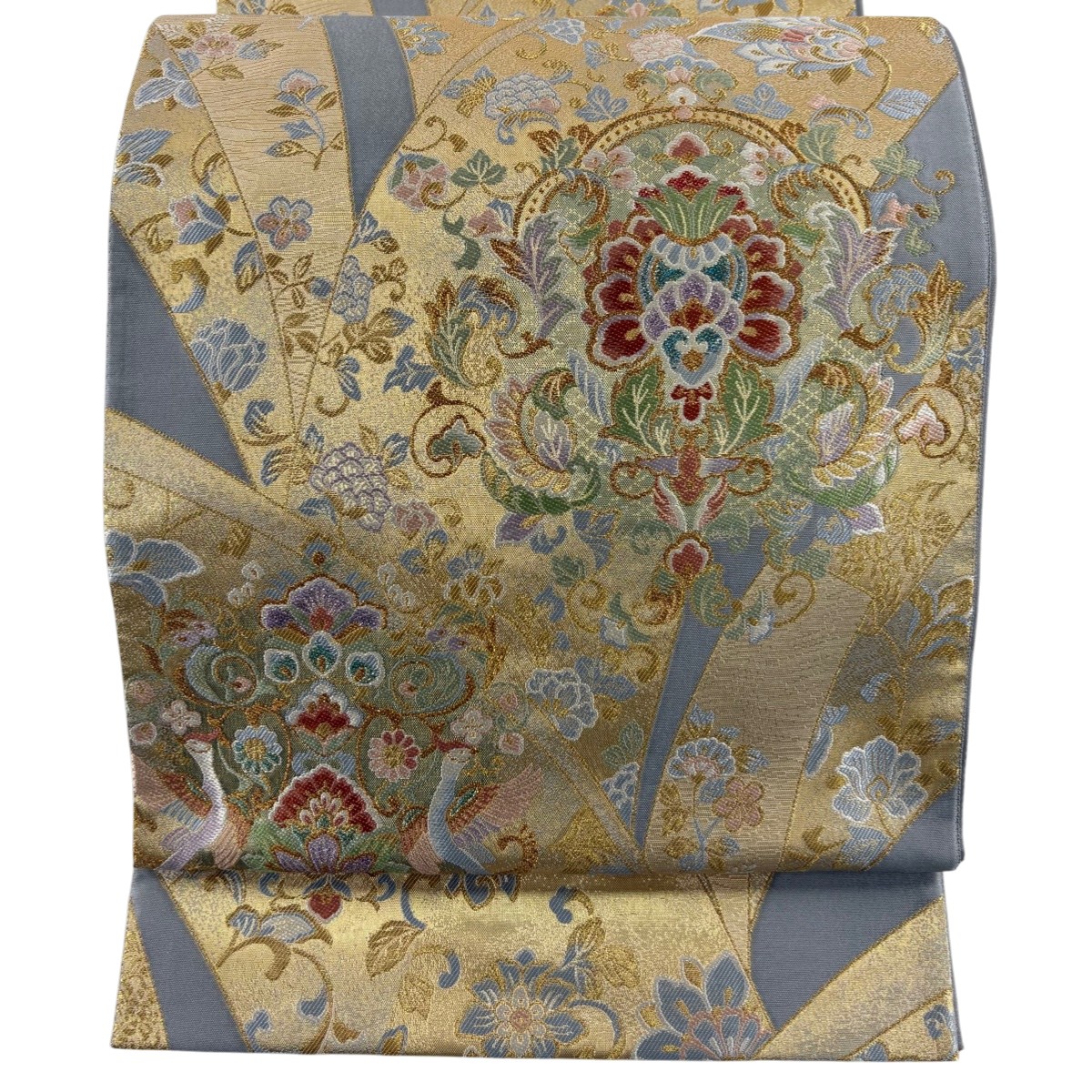 【美品】 袋帯 秀品 祥宮若松取唐花文 金糸 箔 灰色 六通 正絹 【中古】