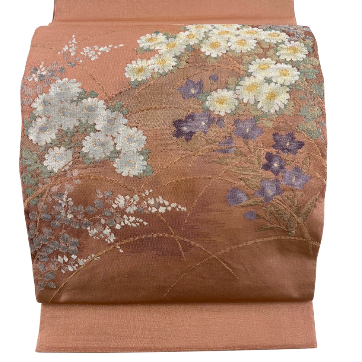 【美品】 袋帯 名品 じゅらく 落款あり 白菊秋草 金通し 箔 サーモンピンク お太鼓柄 正絹 【中古】 msp50