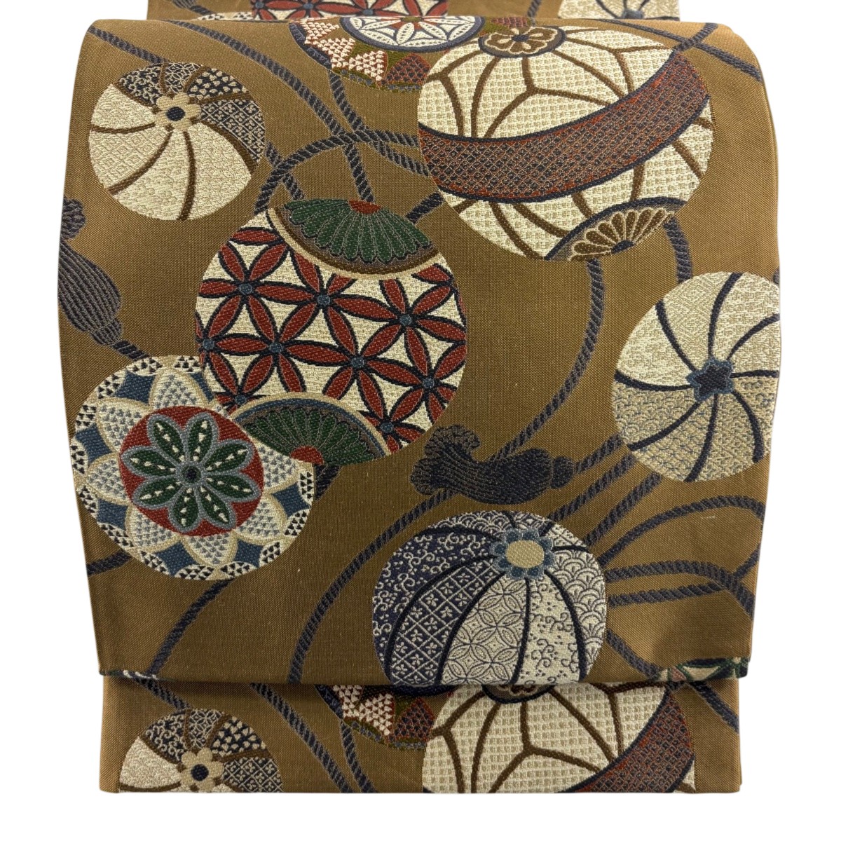 袋帯 名品 鞠 組紐 刺繍 箔 茶色 六通 正絹 【中古】