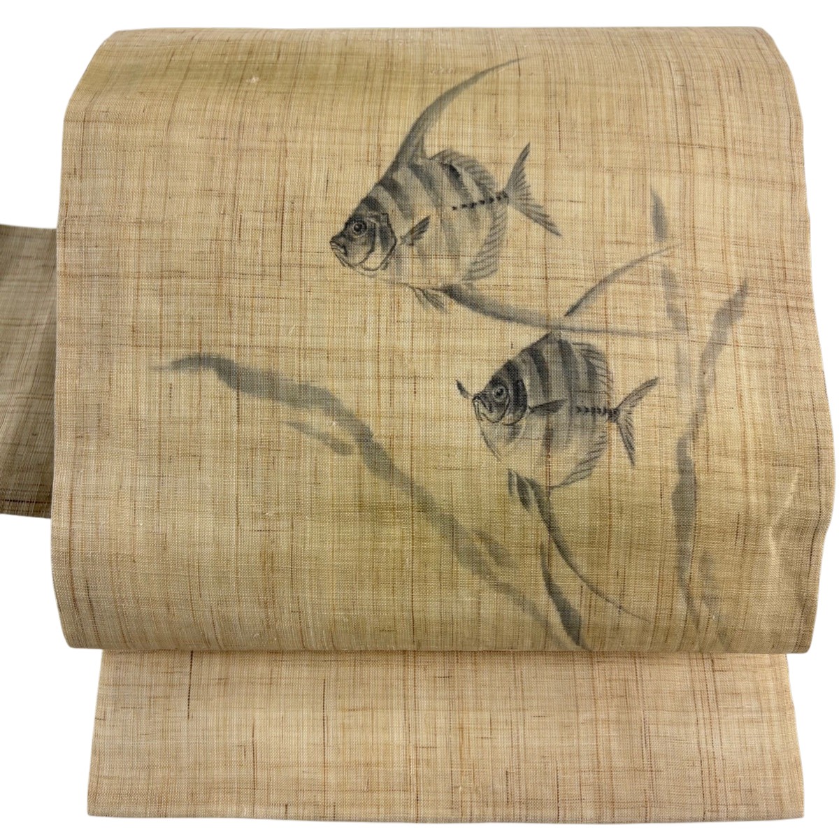 名古屋帯 名品 魚 イシダイ ベージュ 麻 【中古】