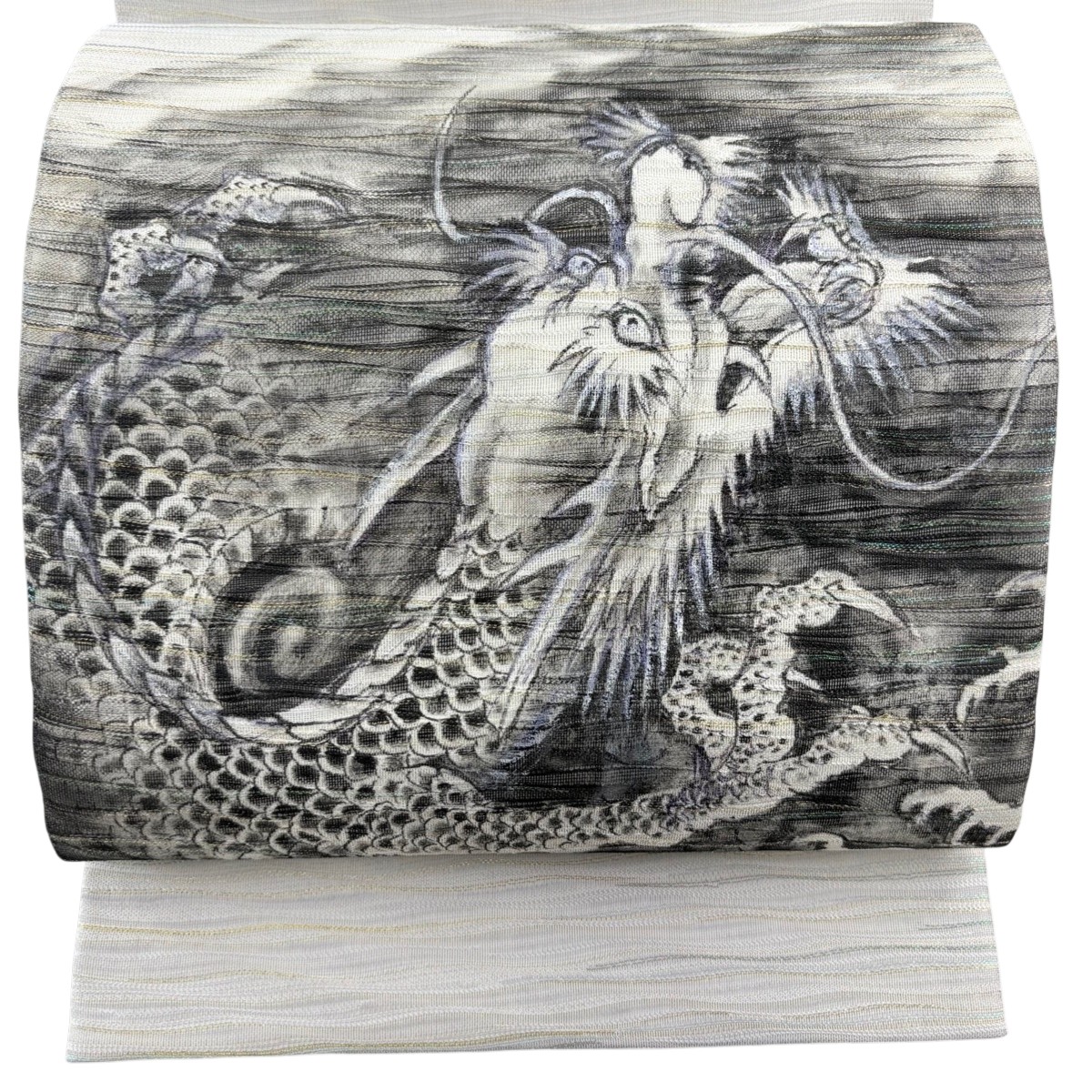 【美品】 袋帯 逸品 証紙あり 龍 如意宝珠 金銀糸 青灰色 お太鼓柄 正絹 【中古】 msp30