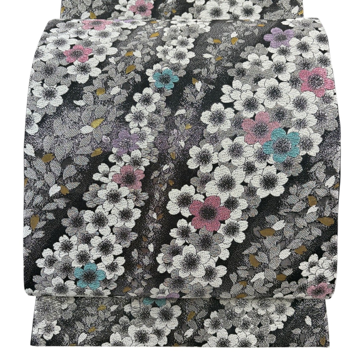 【美品】 袋帯 秀品 振袖向き 桜 桜の花びら 箔 銀糸 銀色 六通 正絹 【中古】