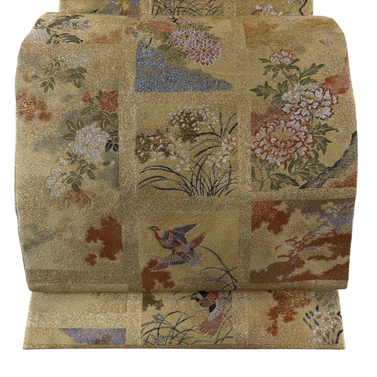 【美品】 袋帯 秀品 落款あり 関西仕立て 花鳥 霞 金糸 箔 ベージュ 六通 正絹 【中古】