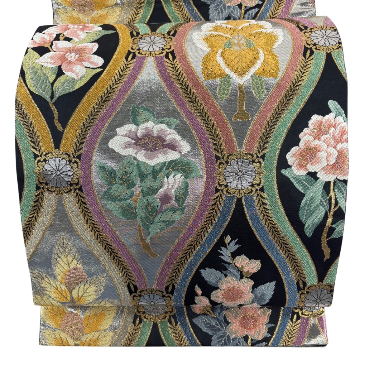 【美品】 袋帯 秀品 立涌 草花 箔 ラメ糸 黒 六通 正絹 【中古】