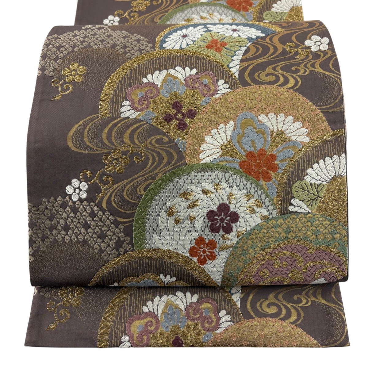【美品】 袋帯 秀品 華文 流水 金糸 唐織 灰茶 六通 正絹 【中古】