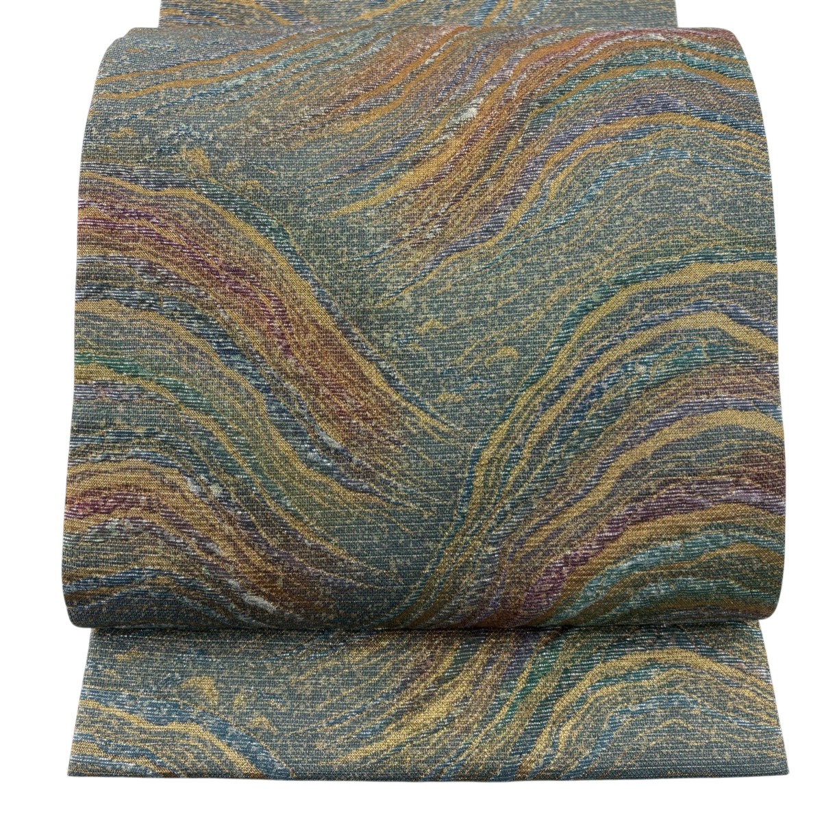 【美品】 袋帯 秀品 落款あり 幾何学 金糸 箔 薄緑 六通 正絹 【中古】