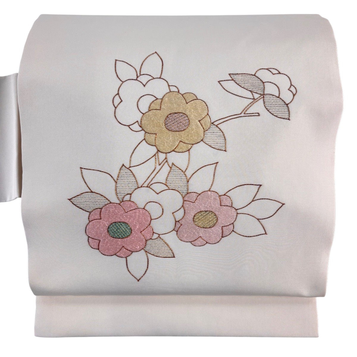 名古屋帯 秀品 草花 刺繍 金糸 クリーム 正絹 【中古】