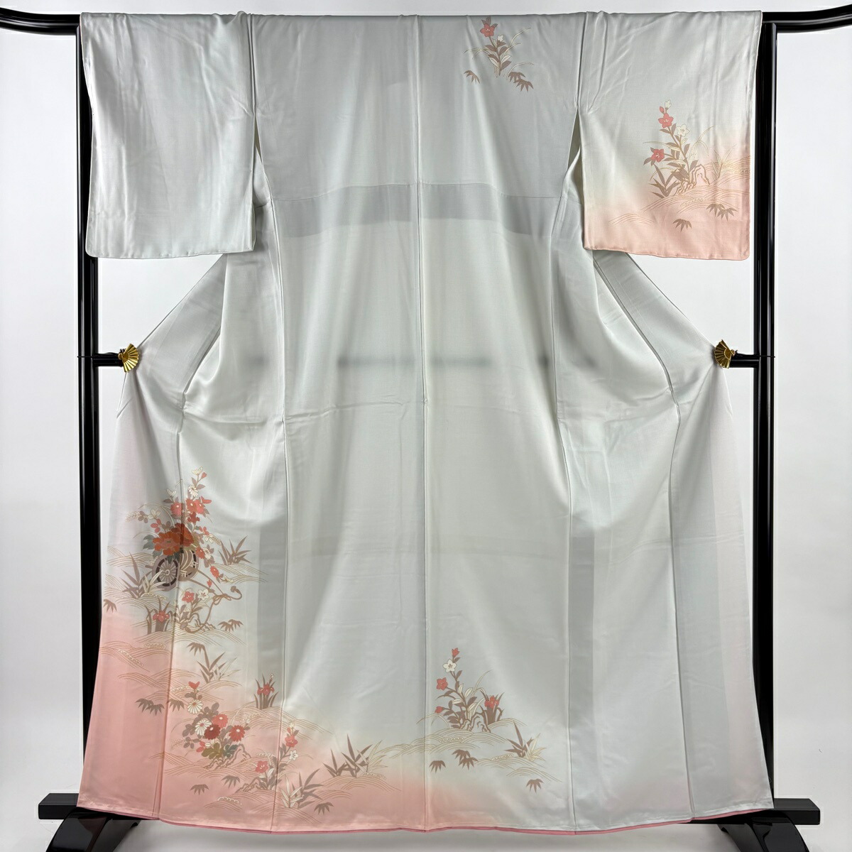 訪問着 身丈163cm 裄丈66cm M 袷 花車 波 金彩 ぼかし 灰色 正絹 秀品 【中古】
