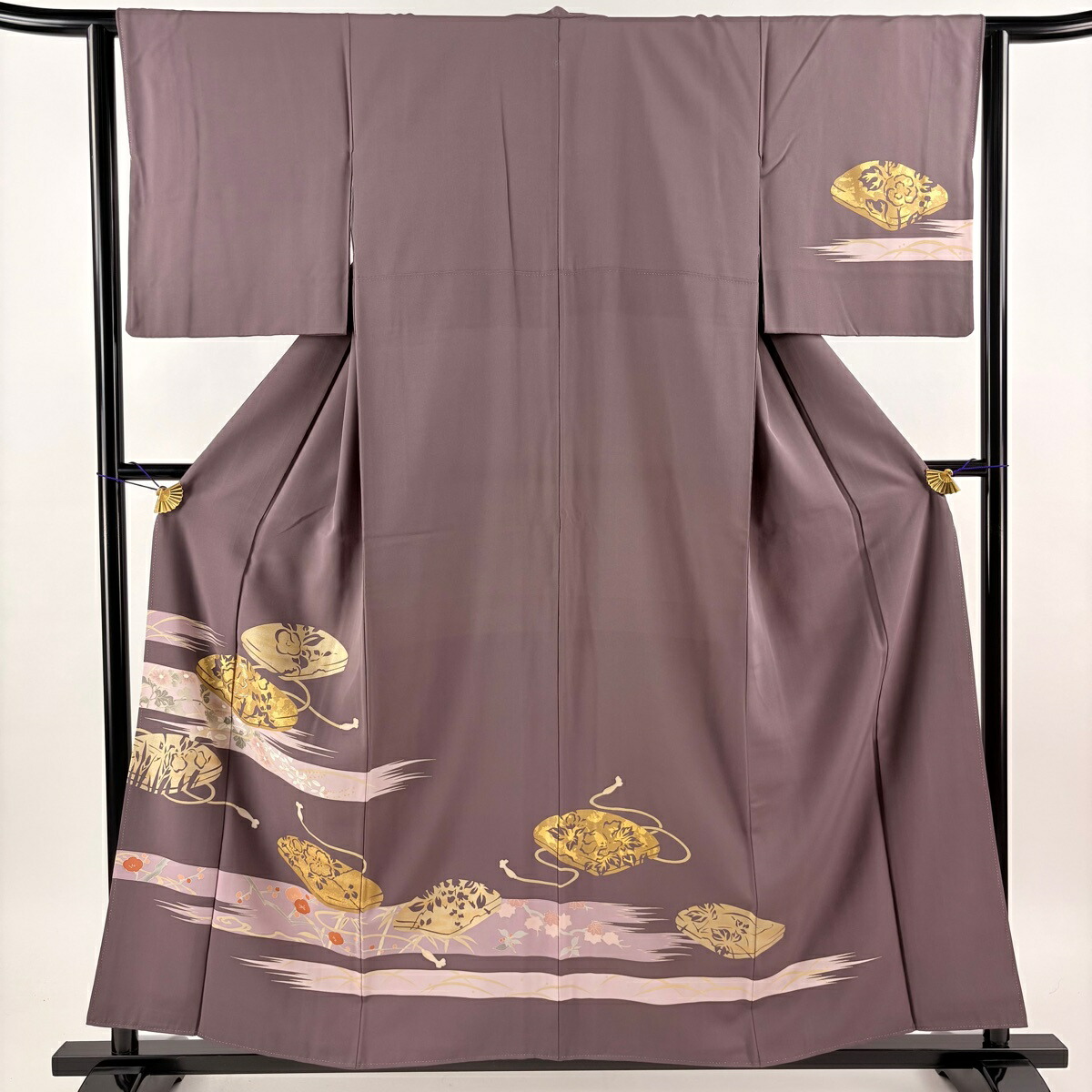 訪問着 身丈157.5cm 裄丈63cm S 袷 文箱 霞 金糸 金彩 灰紫 正絹 秀品 一つ紋 【中古】