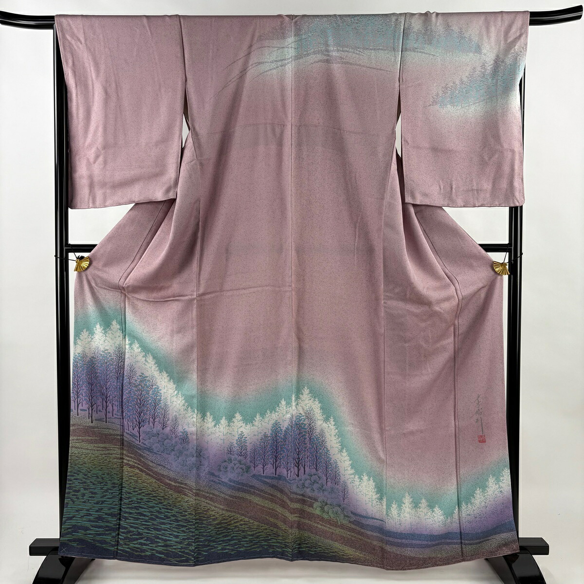 【美品】 訪問着 身丈163cm 裄丈67.5cm L 袷 落款あり 樹木 水面 金彩 染め分け 薄紫 正絹 秀品 【中古】 msp50