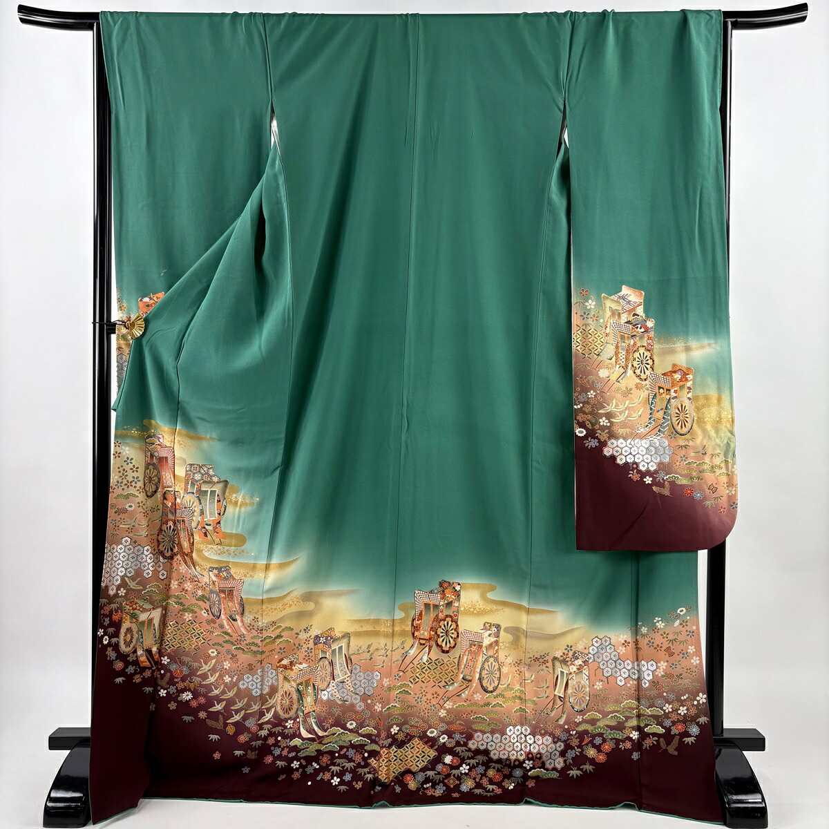 振袖 身丈174cm 裄丈67.5cm L 袷 幾久重袖 御所車 松竹梅 金銀彩 染め分け 緑 正絹 秀品 【中古】