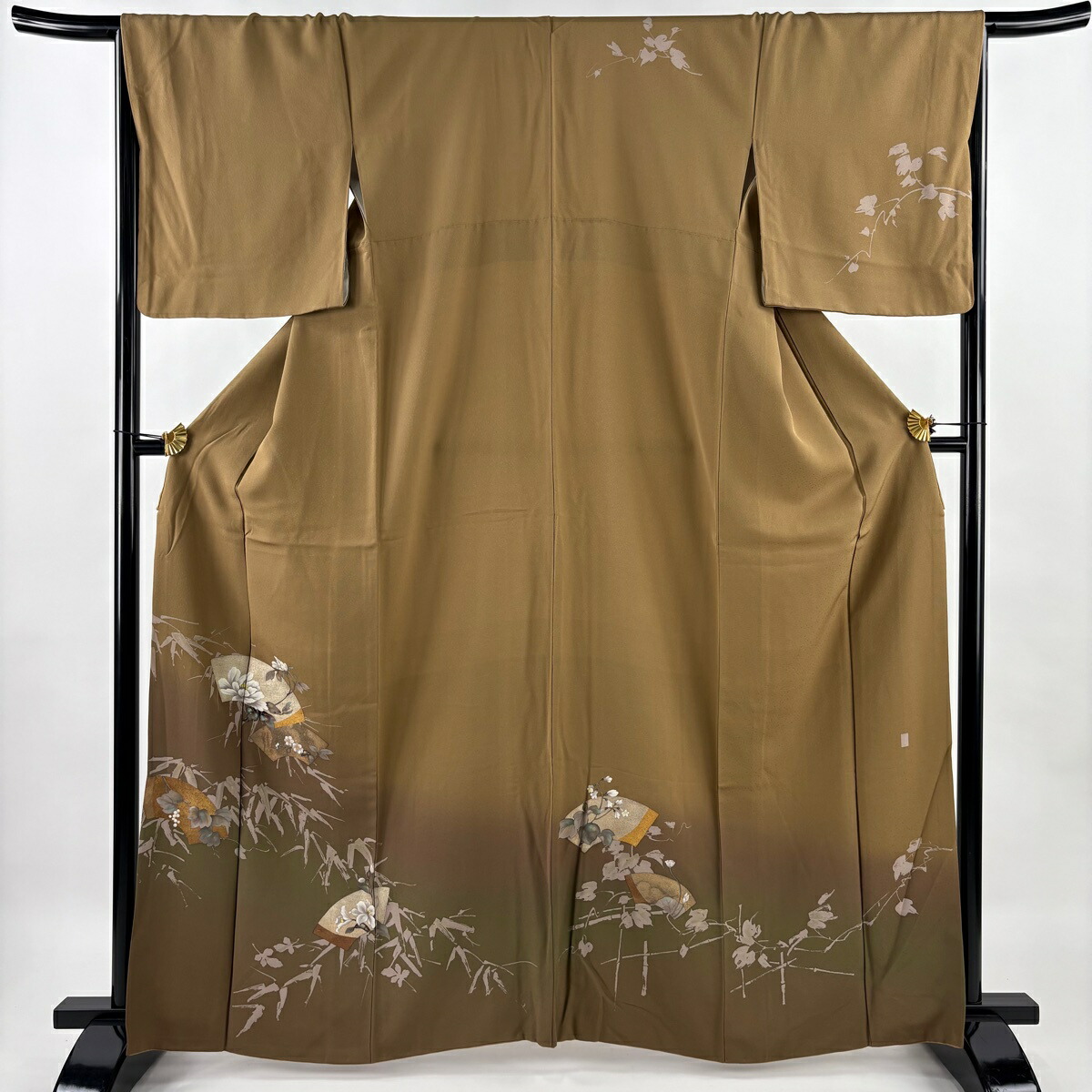 訪問着 身丈164cm 裄丈67cm M 袷 扇面 枝花 金彩 ぼかし 茶色 正絹 秀品 【中古】