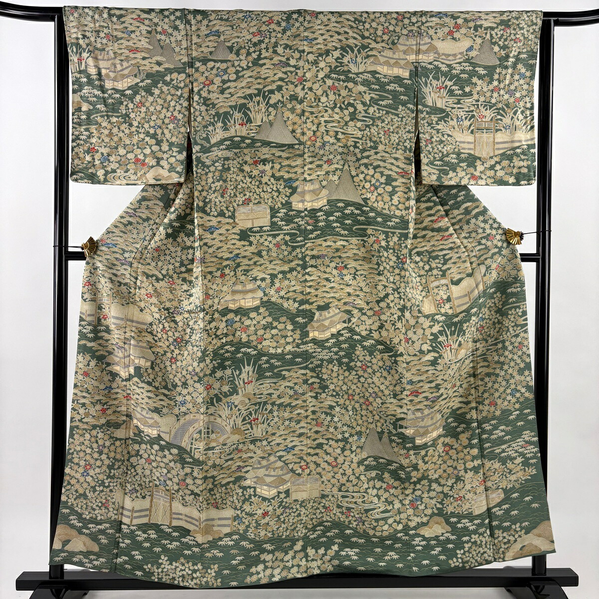 訪問着 身丈158.5cm 裄丈63.5cm S 袷 家屋 松竹梅 縮緬 灰緑 正絹 秀品 【中古】
