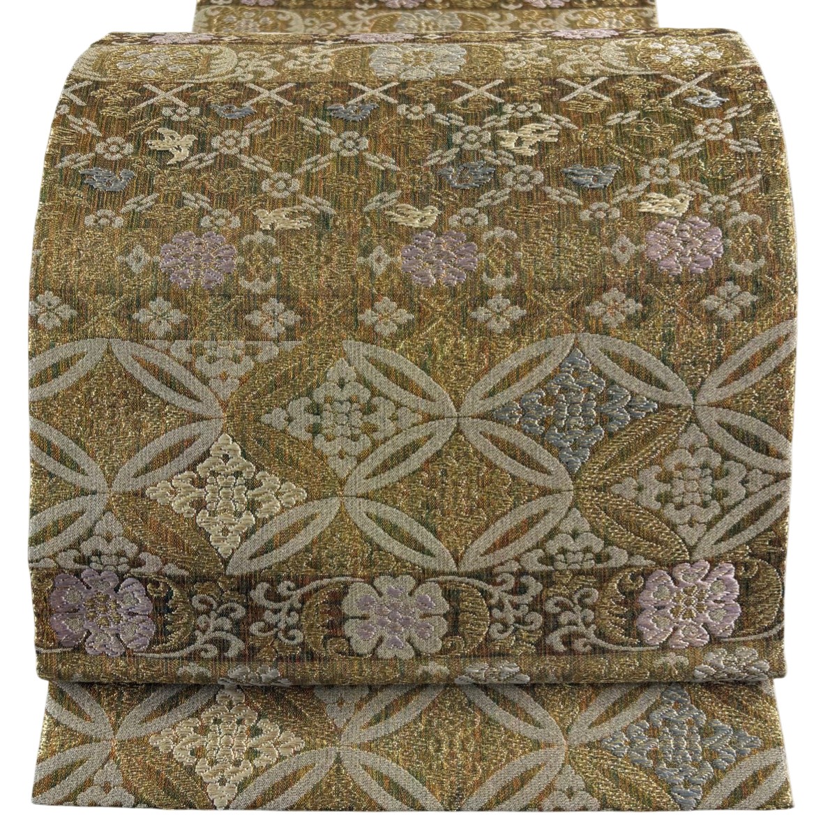 袋帯 名品 花唐草 段縞 金糸 薄黄土色 六通 正絹 【中古】