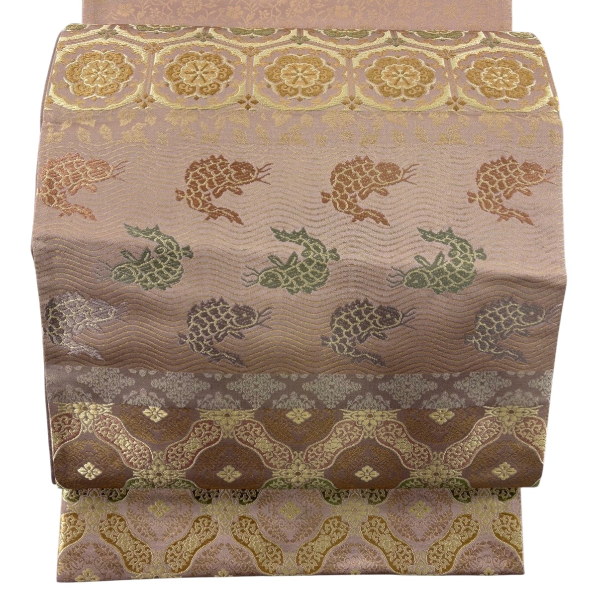 袋帯 名品 箔屋清兵衛 落款あり 荒磯 華文 箔 灰紫 お太鼓柄 正絹 【中古】