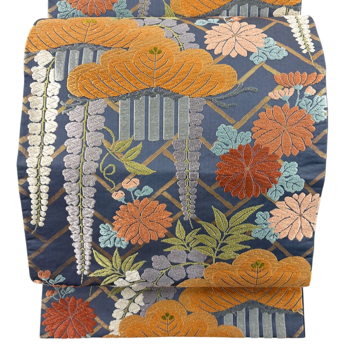 袋帯 名品 笠松 菊 箔 唐織 紺色 六通 正絹 【中古】