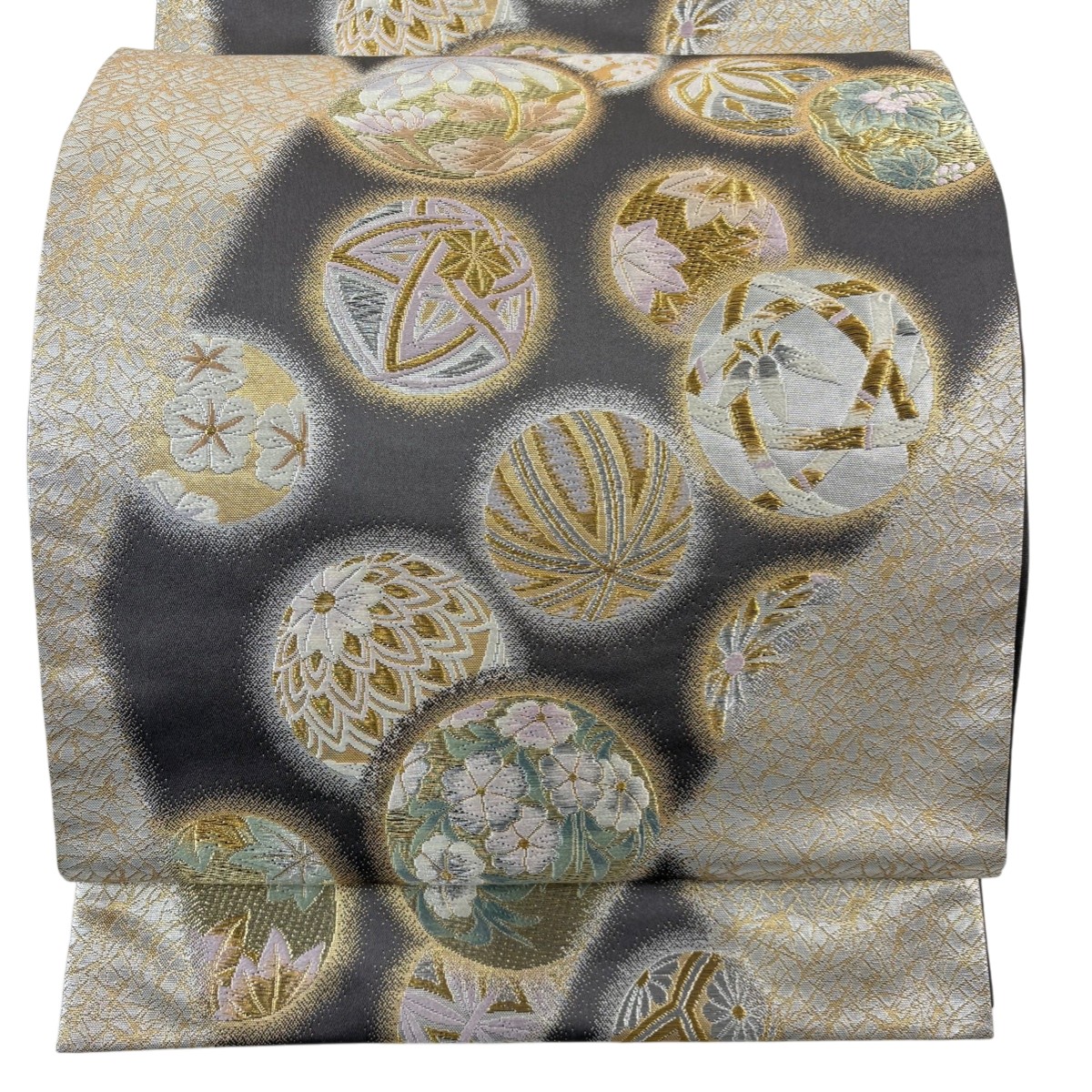袋帯 名品 祥園 落款あり 手毬 花 金銀糸 箔 灰紫 六通 正絹 【中古】