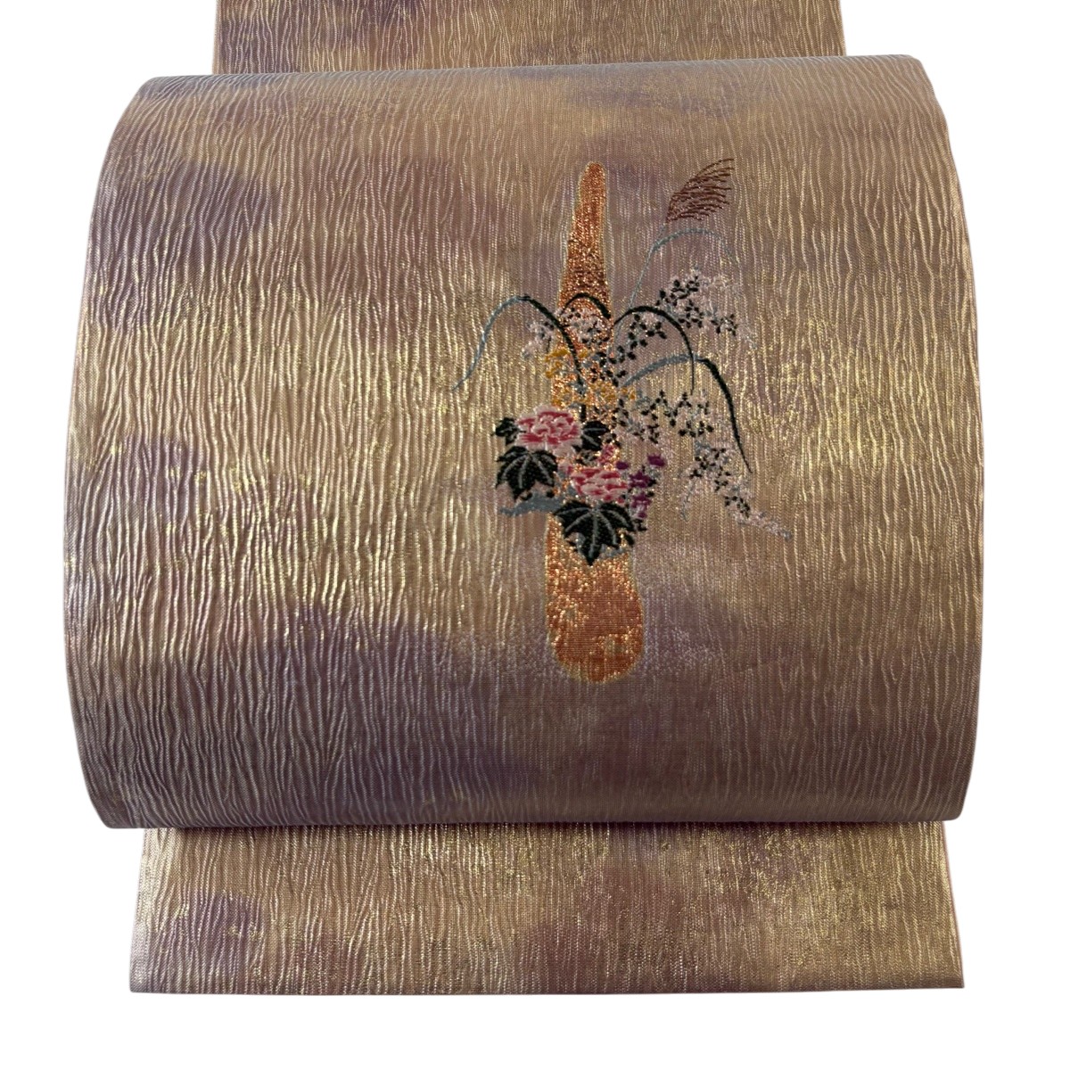 袋帯 名品 草花 花器 箔 金色 お太鼓柄 正絹 【中古】