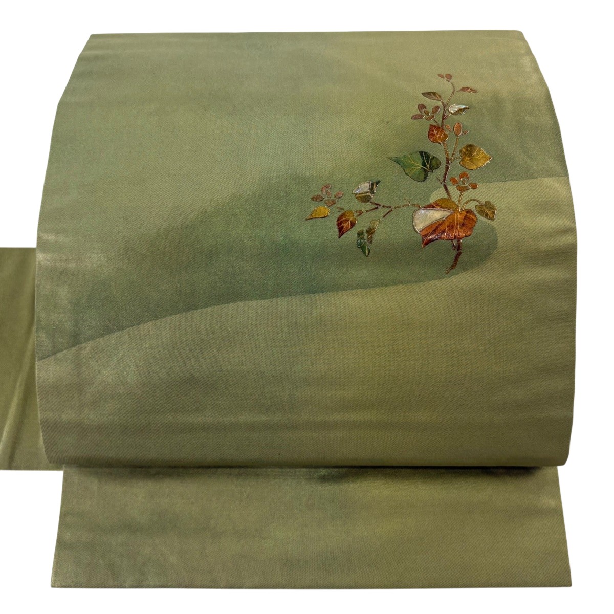 【美品】 名古屋帯 秀品 枝花 螺鈿 金彩 鶯色 正絹 【中古】