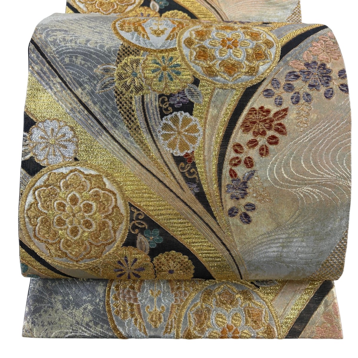 【美品】 袋帯 秀品 彩流錦 華文 花鳥 唐織 金銀糸 金色 六通 正絹 【中古】