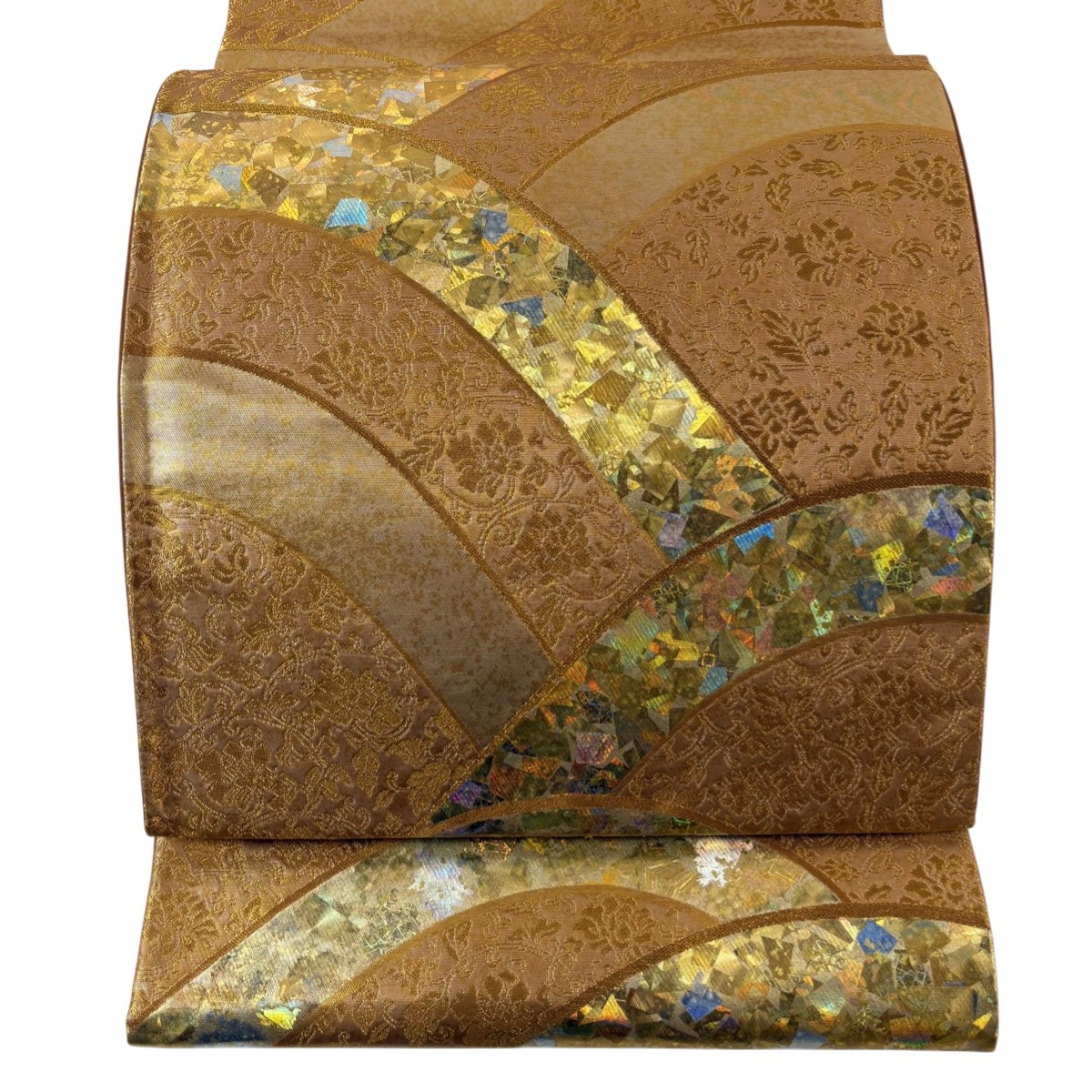 【美品】 袋帯 名品 堀省平 落款あり 証紙あり 花唐草 幾何学 金煌箔 薄茶色 六通 正絹 【中古】 msp50