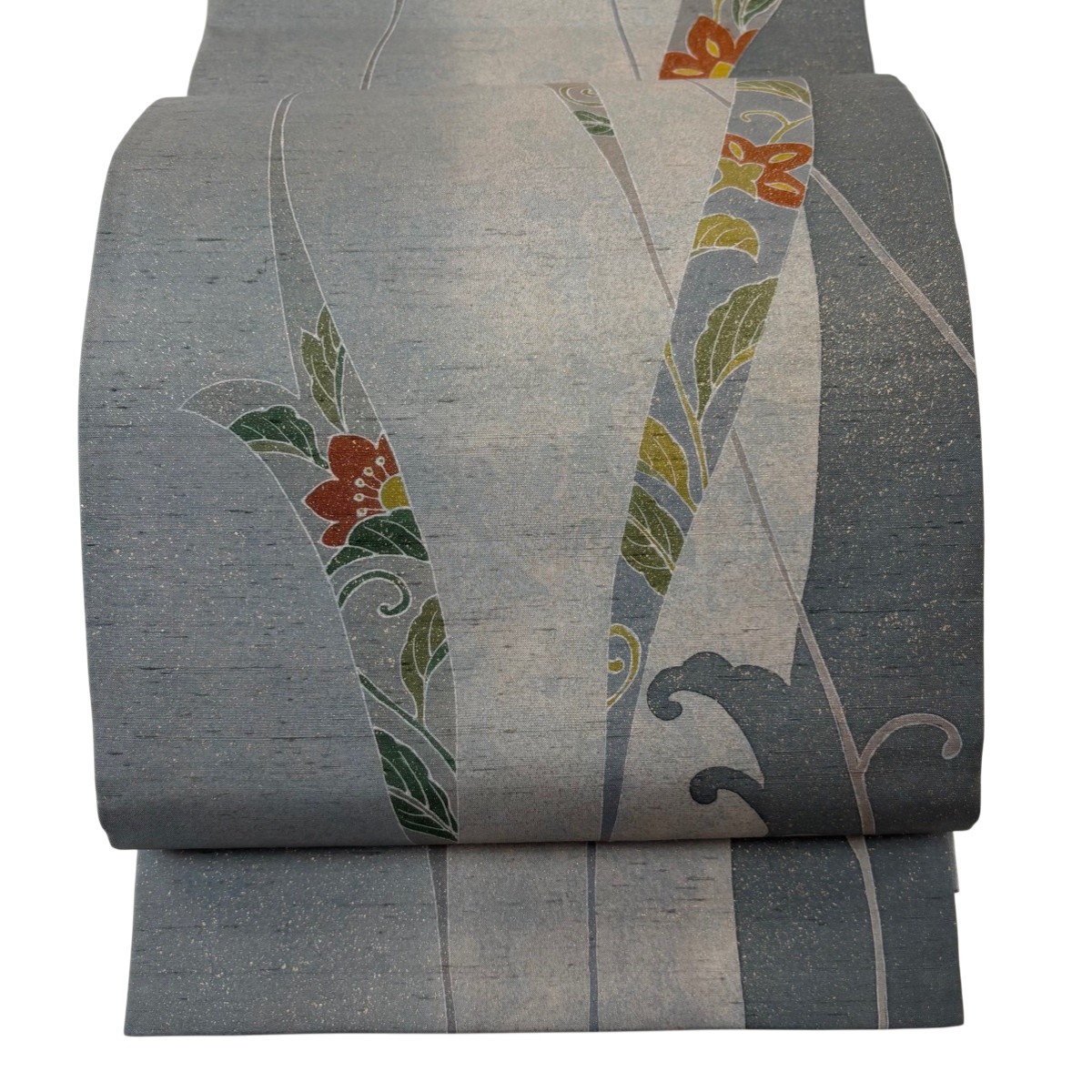 【美品】 袋帯 名品 紬地 草花 金彩 灰色 全通 正絹 【中古】 msp50