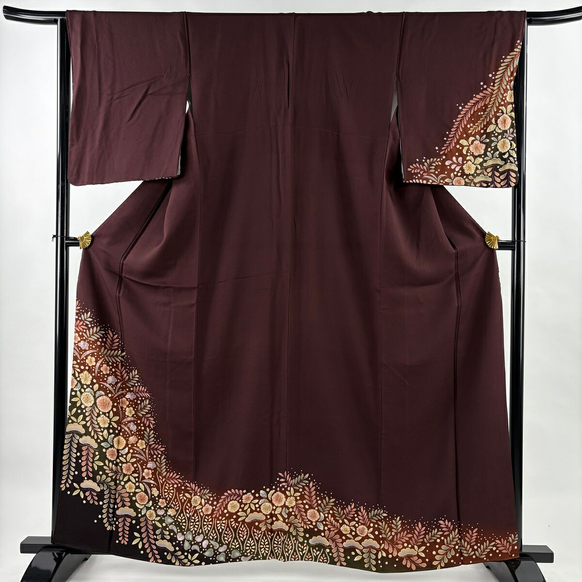 訪問着 身丈160.5cm 裄丈66cm M 袷 辻が花 藤 ぼかし 茶紫 正絹 名品 【中古】