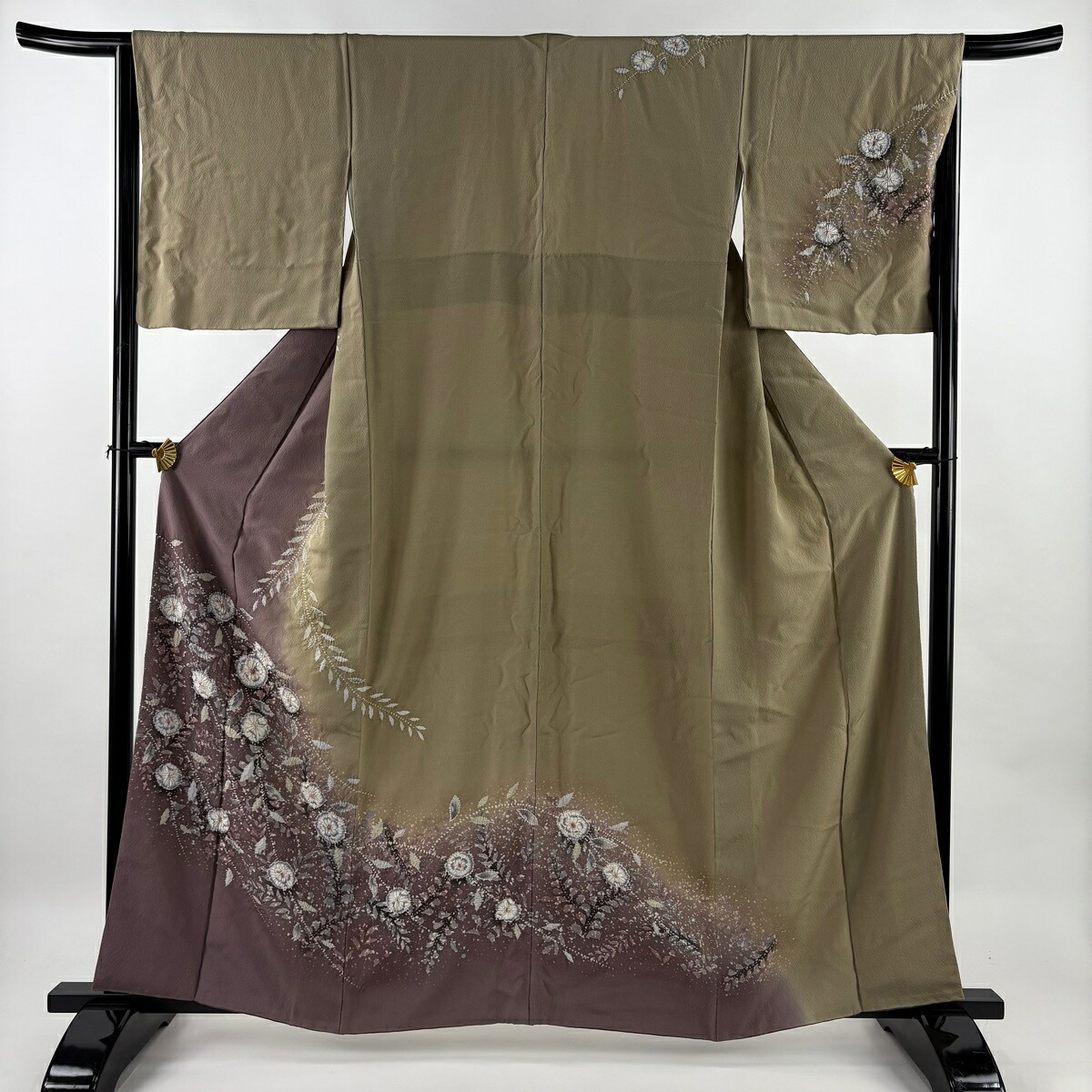 訪問着 身丈160cm 裄丈66cm M 袷 辻が花 葉柄 染め分け ぼかし 灰紫 正絹 名品 【中古】