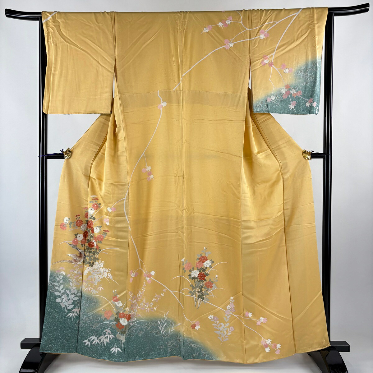 訪問着 身丈162cm 裄丈65.5cm M 袷 菊 キジ 金彩 ぼかし 薄オレンジ 正絹 秀品 【中古】