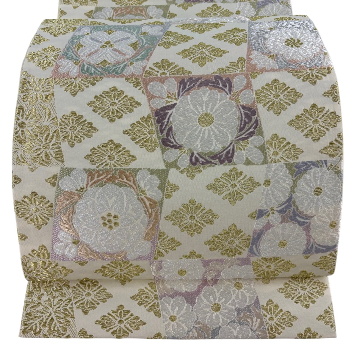 【美品】 袋帯 逸品 草花 花菱 刺繍 金糸 ベージュ 六通 正絹 【中古】
