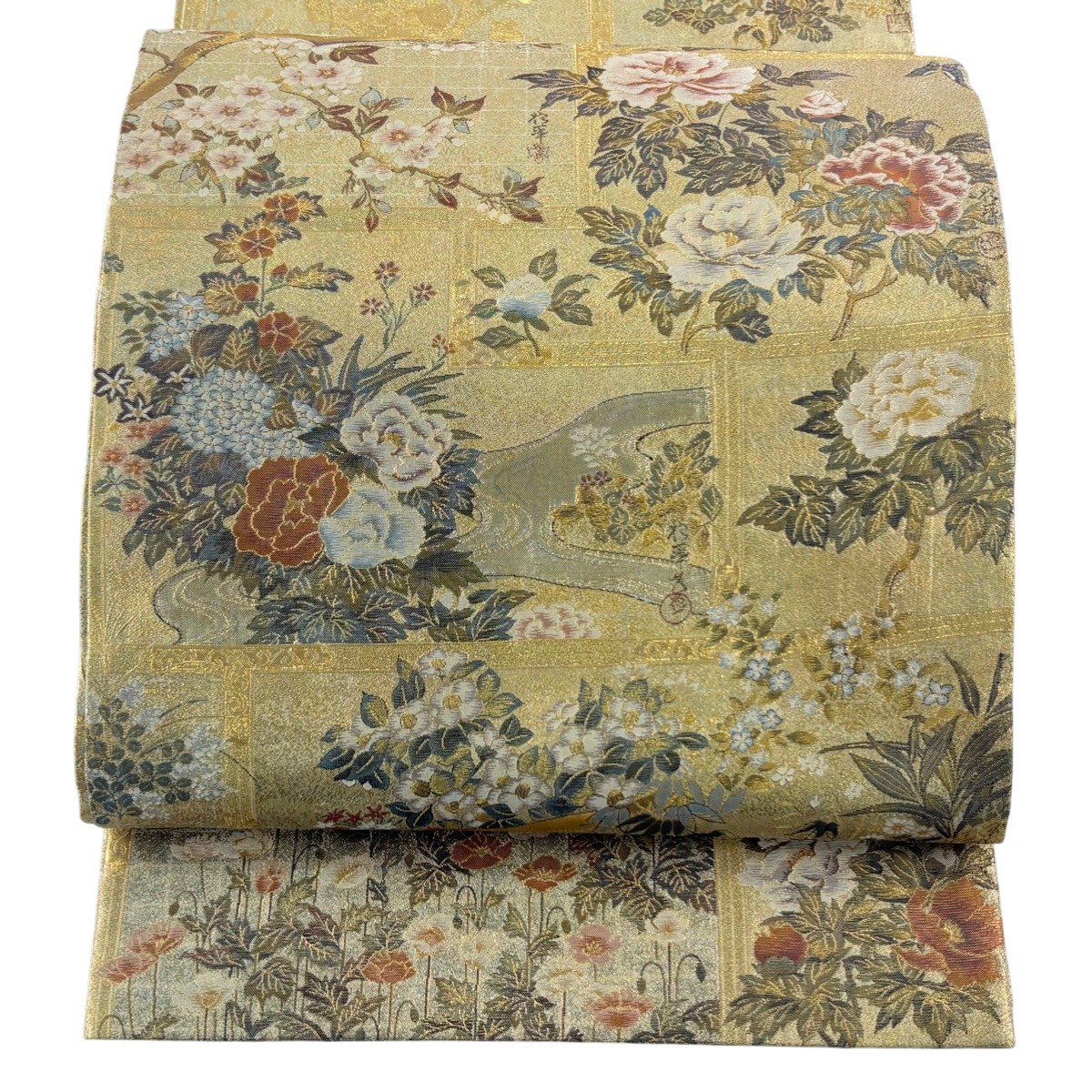 【美品】 丸帯 逸品 琳派大全集 牡丹 金糸 箔 金色 お太鼓柄 正絹 【中古】 msp30