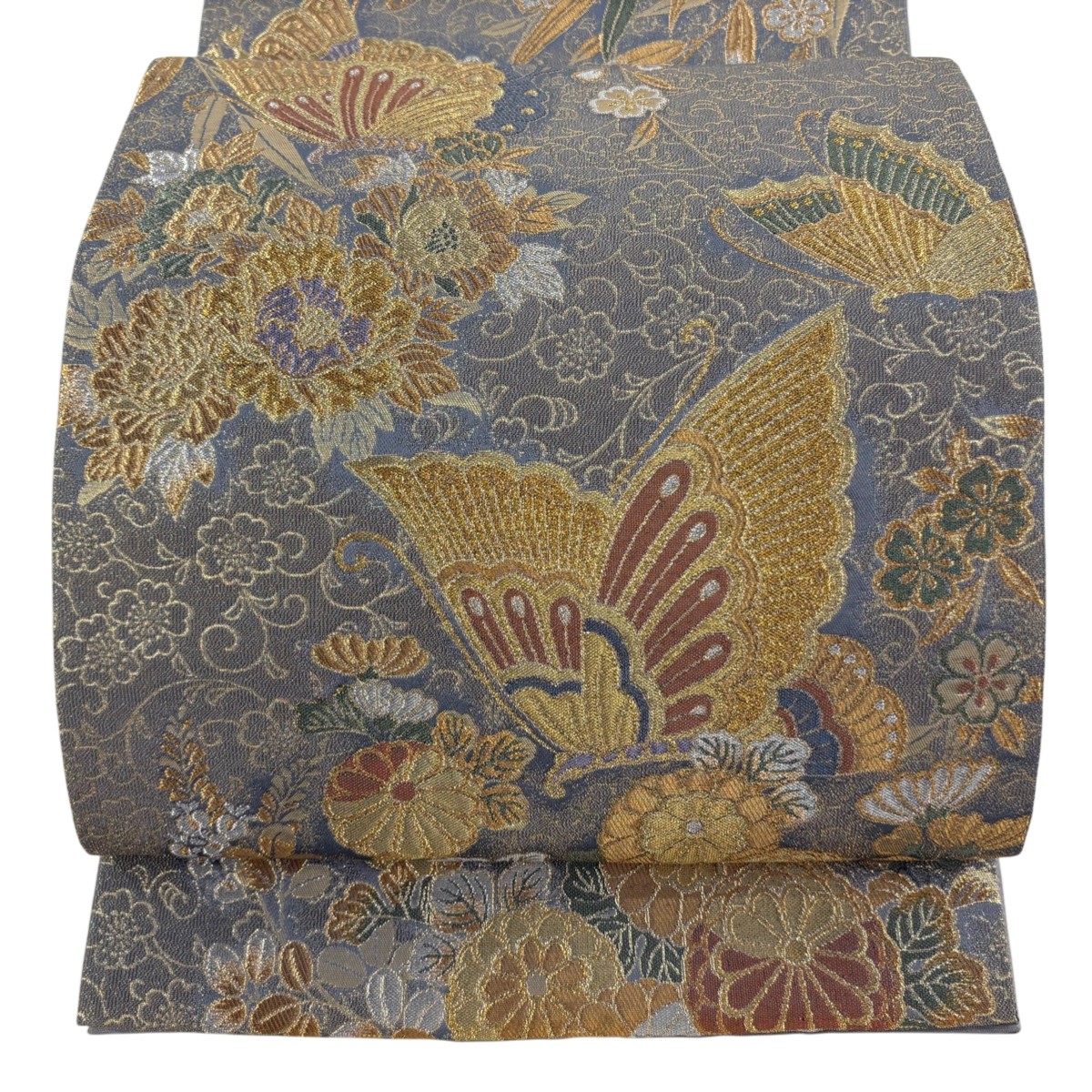 【美品】 袋帯 秀品 舞蝶富貴文 金銀糸 箔 灰色 六通 正絹 【中古】